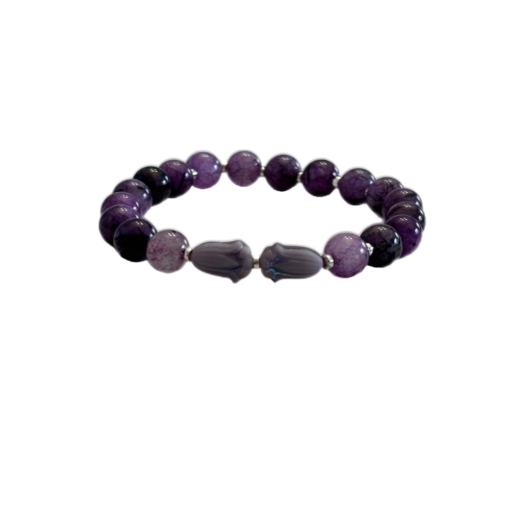 Purple Tulips Stretch Beaded Bracelet Rutilated Quartz  with Purple Czech Glass